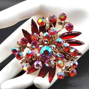 Mid-century Red Aurora Borealis Rhinestone Floral Brooch, Riveted Design, 1950s